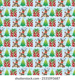 Christmas seamless pattern with reindeer, tree and gift