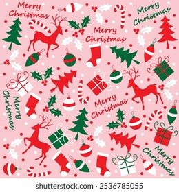 Christmas seamless pattern with reindeer, christmas tree, christmas ball, candy cane, sock, berry and present design
