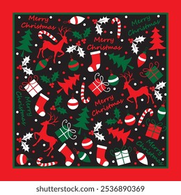 Christmas seamless pattern with reindeer, christmas tree, christmas ball, candy cane, sock, berry and present design
