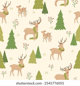 Navidades sin patrón de renos con Ilustración vectorial de árbol