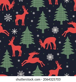 Christmas seamless pattern with reindeer trees and snowflakes in vintage style. Decorative vector holiday pattern for greeting card, wrapping paper