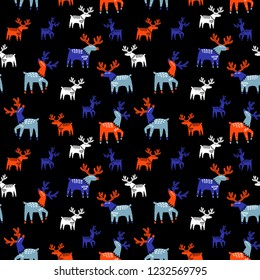Christmas seamless pattern. Reindeer are walking. Hand drawing print. Great for wrapping paper, cards and more. Merry Christmas!