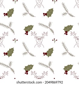 Christmas seamless pattern with reindeer and winter holly leaf and fir branch. Holiday festive repeat texture for wrapping paper, wallpaper, new year decoration etc