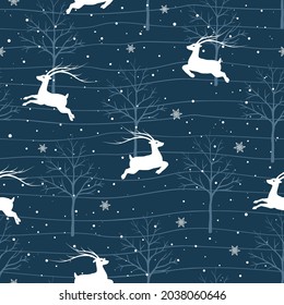 Christmas seamless pattern with reindeers on winter night,for decorative,celebrate party,greeting card or wrapping paper,vector illustration