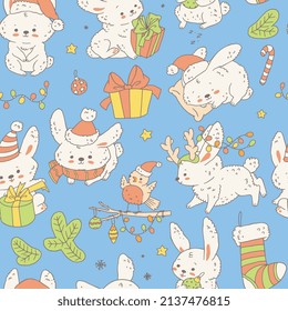 Christmas seamless pattern or repeatable decorative background with cute rabbit and gift boxes, hand drawn doodle vector illustration on blue backdrop.