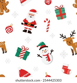 Christmas seamless pattern. Repeatable pattern of Christmas and New Year including Santa, reindeer, snow, gift ornaments or wallpaper, wrapping paper, card template or banner or textile print. Vector