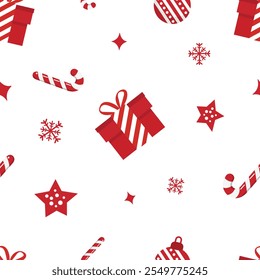 Christmas seamless pattern. Repeatable pattern of Christmas and New Year including Santa, reindeer, snow, gift ornaments or wallpaper, wrapping paper, card template or banner or textile print.