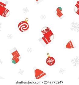 Christmas seamless pattern. Repeatable pattern of Christmas and New Year including Santa, reindeer, snow, gift ornaments or wallpaper, wrapping paper, card template or banner or textile print.