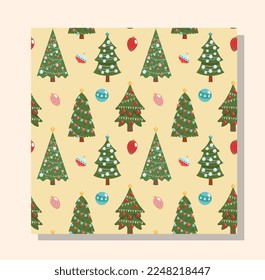 Christmas seamless pattern. Repeating design element for printing on gift wrapping. Christmas trees, New Year and winter holidays. Hanging toys, decorations. Cartoon flat vector illustration