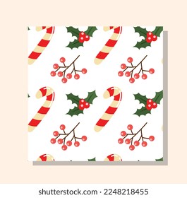 Christmas seamless pattern. Repeating design element for printing on fabric. Caramel and berries, twigs, leaves and foliage. Greeting and invitation postcard. Cartoon flat vector illustration