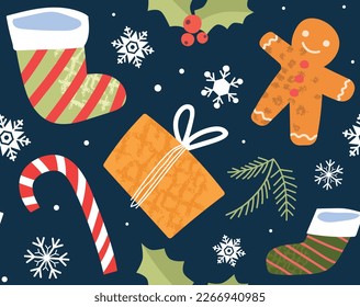 Christmas seamless pattern. Repeating design element for printing on fabric. Sock, gift and present, caramel and gingerbread man, snowflake. New Year and winter. Cartoon flat vector illustration