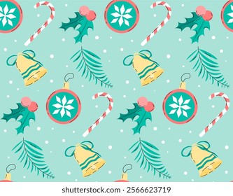 Christmas seamless pattern. Repeating design element for printing on fabric. Wrapping paper. Bells, berries, branches and lollipop. Winter holiday and festival. Flat vector illustration