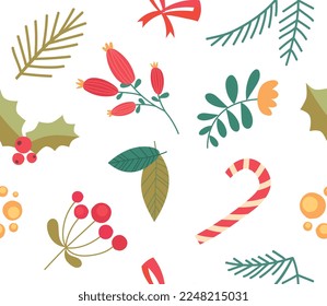 Christmas seamless pattern. Repeating element for printing on wrapping paper. Caramel and branches, symbol of winter holidays and New Year. Poster or banner. Cartoon flat vector illustration