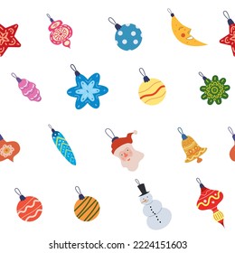 Christmas seamless pattern retro balls, toys. Doodle vintage icons