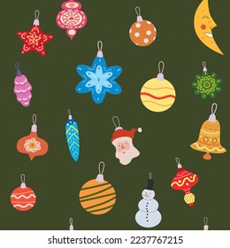 Christmas seamless pattern retro balls, toys. Doodle vintage icons