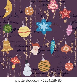Christmas seamless pattern retro balls, toys unreadable text. Doodle vintage icons