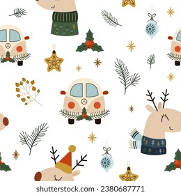 Christmas seamless pattern with retro car, deer, Christmas plants and Christmas tree toys. Retro Christmas digital paper