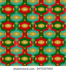Christmas seamless pattern in retro Christmas decorating toys. Vector illustration in vintage flat style
