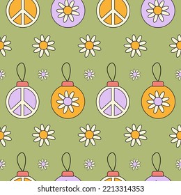 Christmas seamless pattern with retro groovy balls and daisy flowers on a green background. Holiday winter print in style hippie 60s, 70s. Vector illustration.
