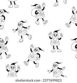 Christmas seamless pattern with retro Santa Claus. Groovy funky vector illustration in line style.
