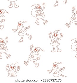 Christmas seamless pattern with retro Santa Claus. Groovy funky vector illustration in line style.