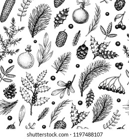 Christmas seamless pattern in retro style. Vector hand drawn illustrations. Background with coniferous, pine branches, berries, holly, mistletoe. Winter forest backdrop. Merry Christmas banner.