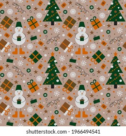 Patrón de Navidad sin fisuras en estilo retro. Patrón vectorial con un árbol de Navidad, muñeco de nieve y regalos. Año Nuevo y Navidad. Embalaje, papel, textiles