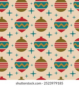 Christmas seamless pattern. Retro Christmas tree toys, decorations. Vector illustration for card, background, packaging, wrapping paper, cover