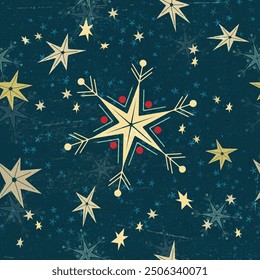 Christmas seamless pattern, retro, vintage gold stars, grunge texture, snowflake background, mid-century modern