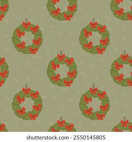 Christmas Seamless pattern. Retro Xmas Wreath with Red Bows handmade sewn decoration on on green texture background. Vector illustration