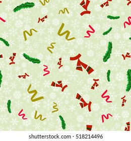 Christmas seamless pattern with ribbon, snowflakes, branches on color background. Vector illustration