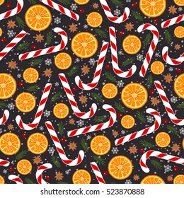 Christmas seamless pattern with rings of an orange, candy, anise, berries of cranberries, snowflakes and fir branches.