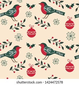 Christmas seamless pattern with Robin the bird, decorations, holly berries and snow flakes. Vector illustration.
