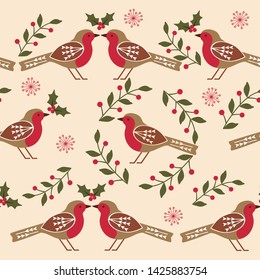 Christmas seamless [pattern with Robin bird, snowflake and leaves and berries. Vector illustration,