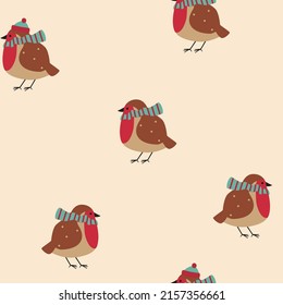 Christmas seamless pattern with robin bird in hat and scarf. Vector illustration. 