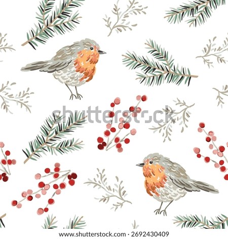 Christmas seamless pattern, robin bird, fir twigs, red berries, white background. Vector illustration. Nature design. Winter season greeting. New Year holidays