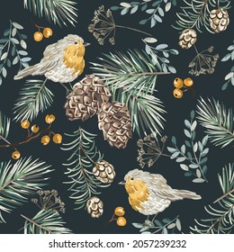 Christmas seamless pattern, robin birds,  berries, fir twigs, cedar cones, black background. Vector illustration. Nature design. Season greeting. Winter Xmas holidays