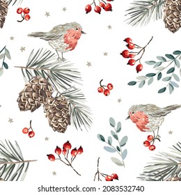 Christmas seamless pattern, robin birds, red berries, fir twigs, cedar cones, stars, white background. Vector illustration. Nature design. Season greeting. Winter Xmas holidays