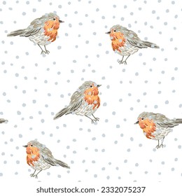 Christmas seamless pattern, robin birds, snow, white background. Vector illustration. Nature design. Season greeting. Winter Xmas holidays