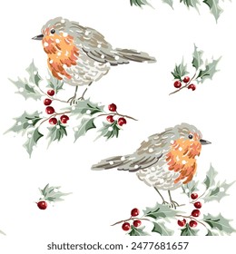 Christmas seamless pattern, robin birds, holly twigs, red berries, snow, white background. Vector illustration. Nature design. Season greeting. Winter holidays