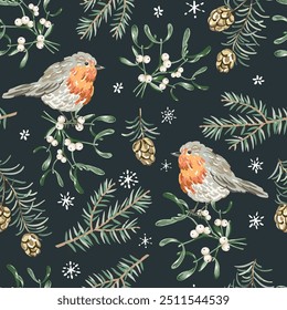 Christmas seamless pattern, robin birds, pine twigs, cones, mistletoe, snowflakes, black night background. Vector illustration. Nature design. Season greeting. Winter holidays