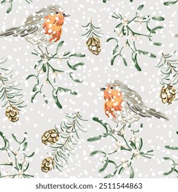 Navidades sin patrón, pájaros petirrojo, ramas de pino, conos, muérdago, nieve, fondo gris claro. Ilustración vectorial. Diseño de Naturaleza. Saludo de temporada. Vacaciones de invierno