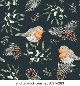 Christmas seamless pattern, robin birds, pine twigs, cones, mistletoe, black night background. Vector illustration. Nature design. Season greeting. Winter holidays