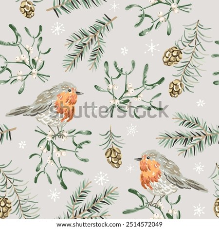 Christmas seamless pattern, robin birds, pine, fir twigs, cones, mistletoe, snowflakes, beige background. Vector illustration. Nature design. Season greeting. Winter holidays