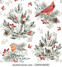 Christmas seamless pattern, robin and cardinal birds, red berries, pine twigs, trees, cones, white background. Vector illustration. Nature design. Season greeting. Winter Xmas holidays