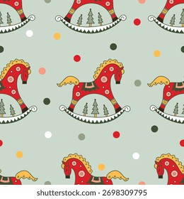 Christmas seamless pattern with rocking horses and confetti. Bright flat graphic style. Winter holiday background. Can be used for wallpaper, pattern fills, web page background, surface textures.