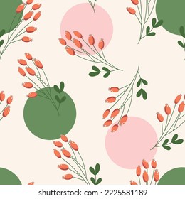 Christmas seamless pattern with rose hips and circles on a background. Festive cozy winter pattern for Christmas textile, cards, invitations, banners