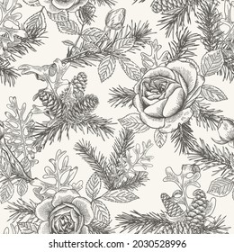 Christmas seamless pattern with roses, fir branches and cones. Botanical background with flowers and conifers. Floral vector illustration. Sketch. Black and White.