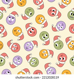 Christmas seamless pattern with round abstract comic faces with various emotions. Different colorful characters. Trendy retro background in style 60s, 70s. Pastel colors. Vector illustration. 