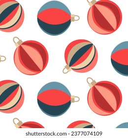 Patrón de Navidad sin fisuras con juguetes de árbol de Navidad a rayas redondeadas sobre un fondo blanco. Una figura redonda brillante de colores azul y rojo. Ilustración plana extensible de vectores